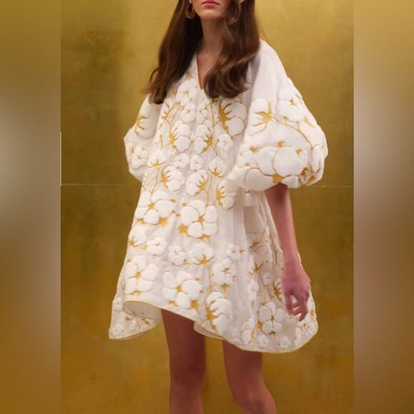 Yuliya Magdych Embroidered White Gold Mini Dress Cotton Silk Women’s Size M - Picture 1 of 10